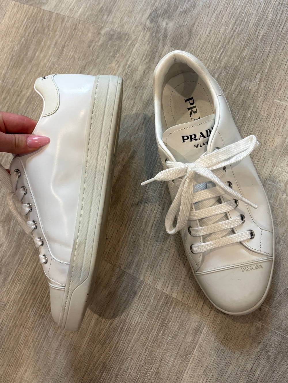 Prada White Leather Low-Top Lace-Up Sneakers